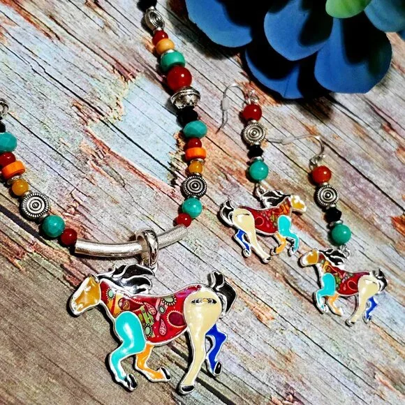Artisan Hand Crafted Necklace Painted Horses Brown Suede Cord Colorful Beaded - Picture 1 of 12